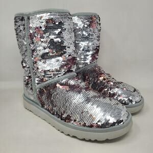 UGG Classic Short Sequin Boots 10 Silver Pink Sparkle Winter Wool Lined Warm